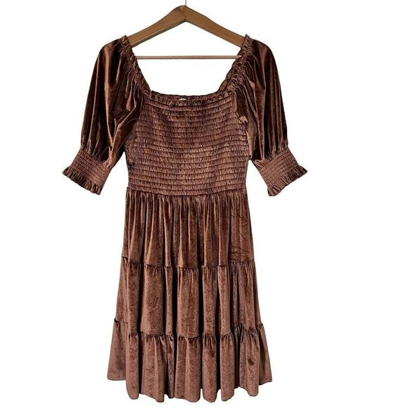 Baltic Born Bliss Velvet Smocked Tiered Dress Size L Brown Knee Length Event - Picture 1 of 8
